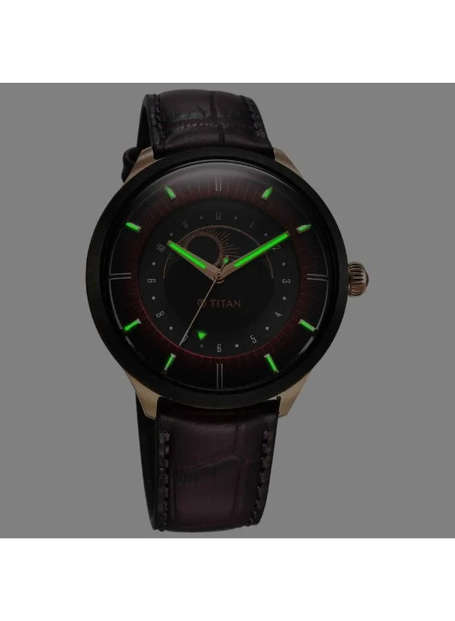 تيتان Men's Leather Analog Watch 10028KL01 - 43 mm