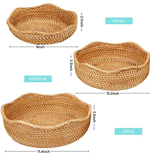 Whalehub Natural Rattan Round Fruit Basket Bowls, Hand Woven Decor Serving Baskets, Wicker Storage for Dinning Room (Wave-Small)＜7.9''(D) X2.6''(H)＞ - Image 3