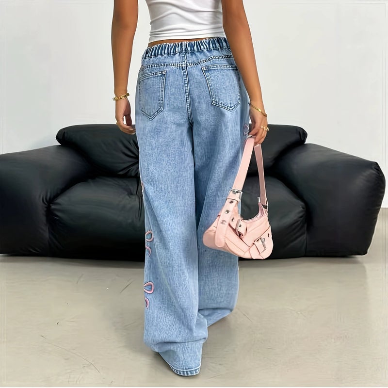 Women's Straight Leg Bow Jeans, Washed - Image 4