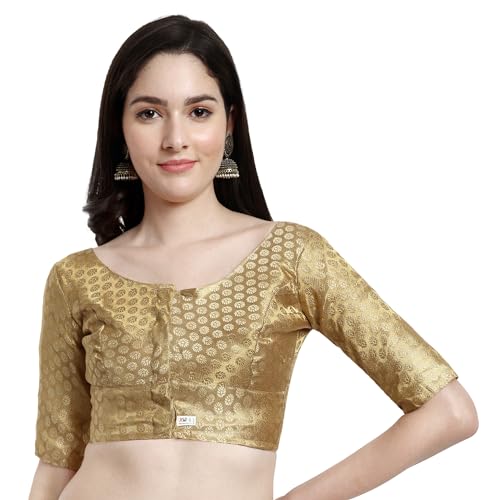 JISB Women's Brocade Round Neck Elbow Sleeve Blouse (38, Gold) - Image 1