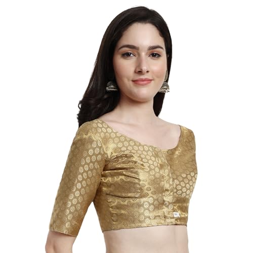JISB Women's Brocade Round Neck Elbow Sleeve Blouse (38, Gold) - Image 2