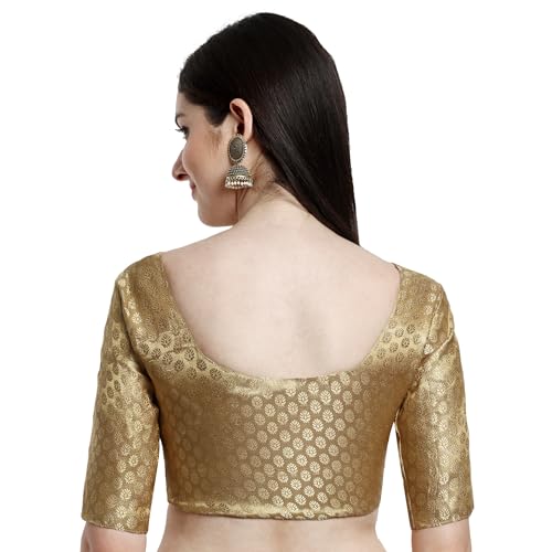 JISB Women's Brocade Round Neck Elbow Sleeve Blouse (38, Gold) - Image 3