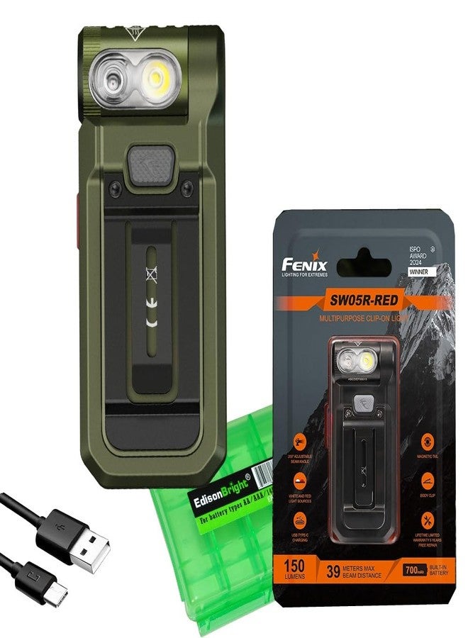 Fenix SW05R-RED Clip On Flat Body swival Flashlight with Red Light with EdisonBright Accessory case Bundle (Green) - Image 1