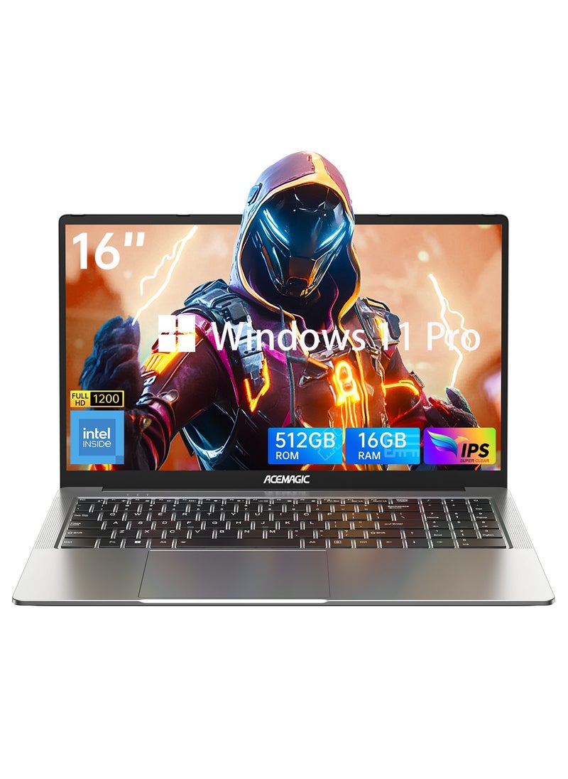 ACEMAGIC Laptop Acemagic 16 inch FHD Display, SO-DIMM DDR4 16GB RAM M.2 2280 NGFF 512GB SSD with Intel 12th Gen Alder Lake N97(4C/4T, Up to 3.6GHz) Support WiFi6/BT5.0/1MP WebcamUSB3.2/Type-C/Windows 11 Pro/16:10/AD Metal house  - Image 1