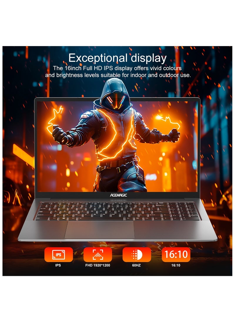 أسيماجيك - كمبيوتر محمول Acemagic 16 بوصة بشاشة FHD، SO-DIMM DDR4 16GB RAM M.2 2280 NGFF 512GB SSD مع Intel 12th Gen Alder Lake N97 (4C/4T، حتى 3.6GHz) دعم WiFi6/BT5.0/1MP كاميرا ويبUSB3.2/Type-C/Windows 11 Pro/16:10/AD منزل معدني - Image 1