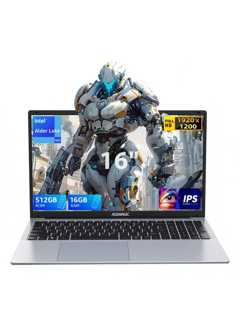 ACEMAGIC Laptop Acemagic 16 inch FHD Display, SO-DIMM DDR4 16GB RAM M.2 2280 NGFF 512GB SSD with Intel 12th Gen Alder Lake N97(4C/4T, Up to 3.6GHz) Support WiFi6/BT5.0/1MP WebcamUSB3.2/Type-C/Windows 11 Pro/16:10/AD Metal house  - Image 1