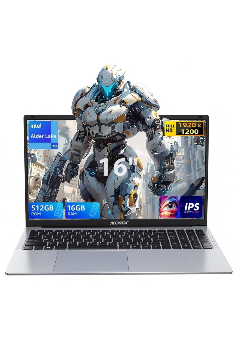 Acemagic Gaming Laptop With 16 Inch Full HD (1920x1080) Display, Intel Alder Lake N97 Processor/16GB RAM DDR4/512GB SSD/Windows 11 Pro/ english grey - Image 1