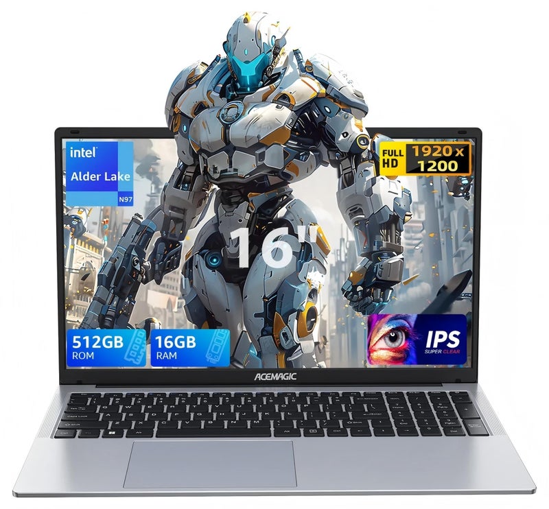 أسيماجيك لابتوب للألعاب من أسيماجيك بشاشة 16 بوصة عالية الدقة (1920x1080)، ومعالج Intel Alder Lake N97/ وذاكرة وصول عشوائي 16 جيجابايت DDR4/ وقرص SSD بسعة 512 جيجابايت/ ونظام التشغيل Windows 11 Pro/ english رمادي - Image 1
