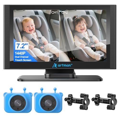 A Artman Artman Baby Car Camera for 2 Kids, IPS Touch Screen Baby Car Monitor with 7.2'' HD 1440P,Dual IR Night Vision Cameras, Easy No-Damage Install Ideal Car Seat Monitor for Parents and Pet Owners - Image 1