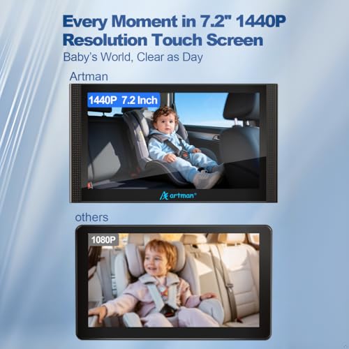 A Artman Artman Baby Car Camera for 2 Kids, IPS Touch Screen Baby Car Monitor with 7.2'' HD 1440P,Dual IR Night Vision Cameras, Easy No-Damage Install Ideal Car Seat Monitor for Parents and Pet Owners - Image 3