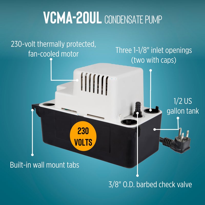 Little Giant VCMA-20UL 230 Volt, 80 GPH, 1/30 HP Automatic Condensate Removal Pump for HVAC/Refrigeration Systems/Dehumidifiers (no safety switch), 6-Foot Cord, White/Black, 554451 - Image 3