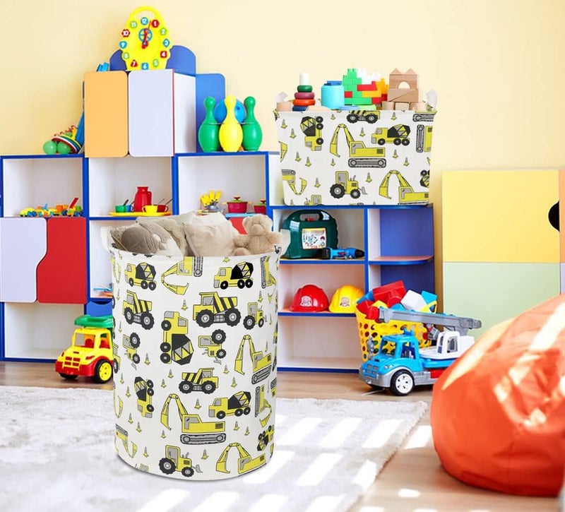 HKEC Round Laundry Basket,Kids Dirty Clothes Laundry Hamper for Boys, Toys Construction Storage Basket for Playroom,Gift Baskets,Baby Nursery Hamper, Room Decor(Yellow Excavator) - Image 3