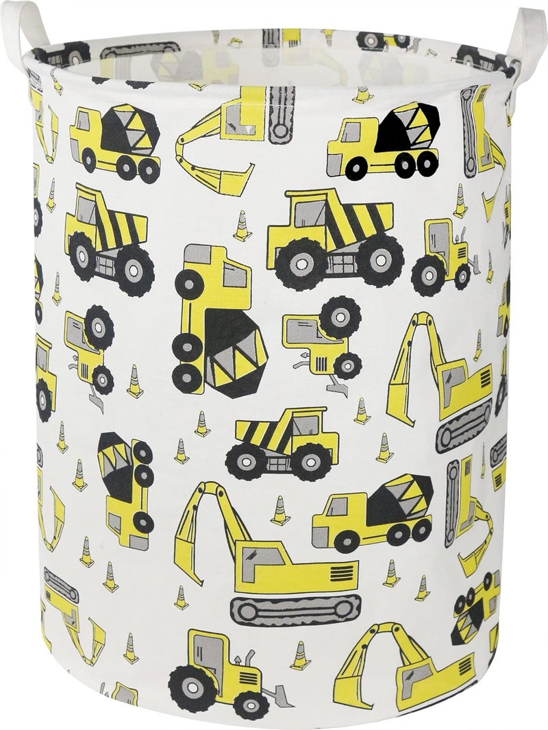 HKEC Round Laundry Basket,Kids Dirty Clothes Laundry Hamper for Boys, Toys Construction Storage Basket for Playroom,Gift Baskets,Baby Nursery Hamper, Room Decor(Yellow Excavator) - Image 1