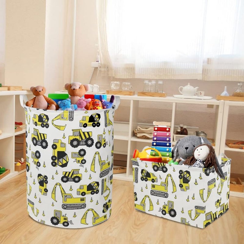 HKEC Round Laundry Basket,Kids Dirty Clothes Laundry Hamper for Boys, Toys Construction Storage Basket for Playroom,Gift Baskets,Baby Nursery Hamper, Room Decor(Yellow Excavator) - Image 2