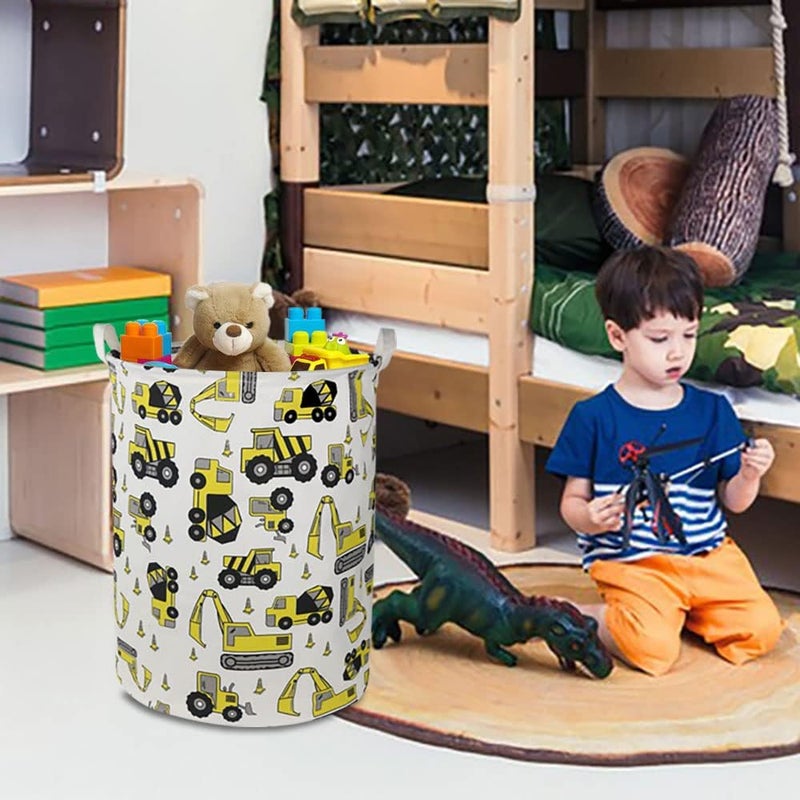 HKEC Round Laundry Basket,Kids Dirty Clothes Laundry Hamper for Boys, Toys Construction Storage Basket for Playroom,Gift Baskets,Baby Nursery Hamper, Room Decor(Yellow Excavator) - Image 5