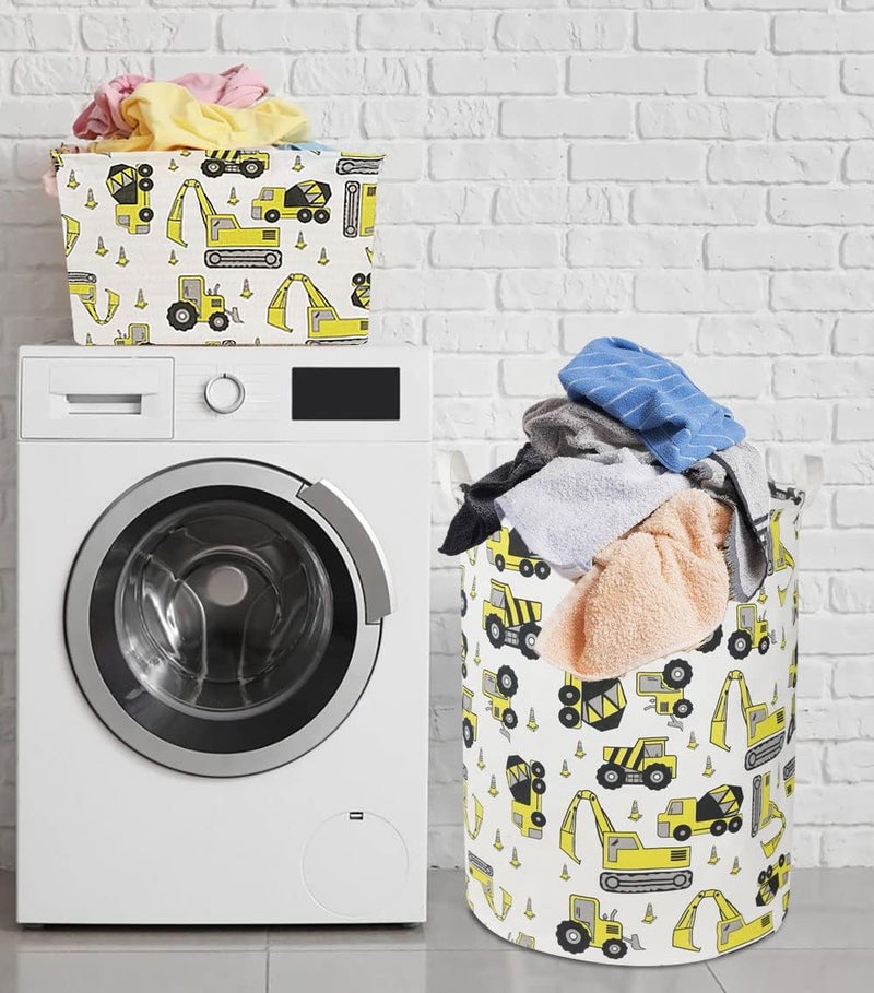 HKEC Round Laundry Basket,Kids Dirty Clothes Laundry Hamper for Boys, Toys Construction Storage Basket for Playroom,Gift Baskets,Baby Nursery Hamper, Room Decor(Yellow Excavator) - Image 4