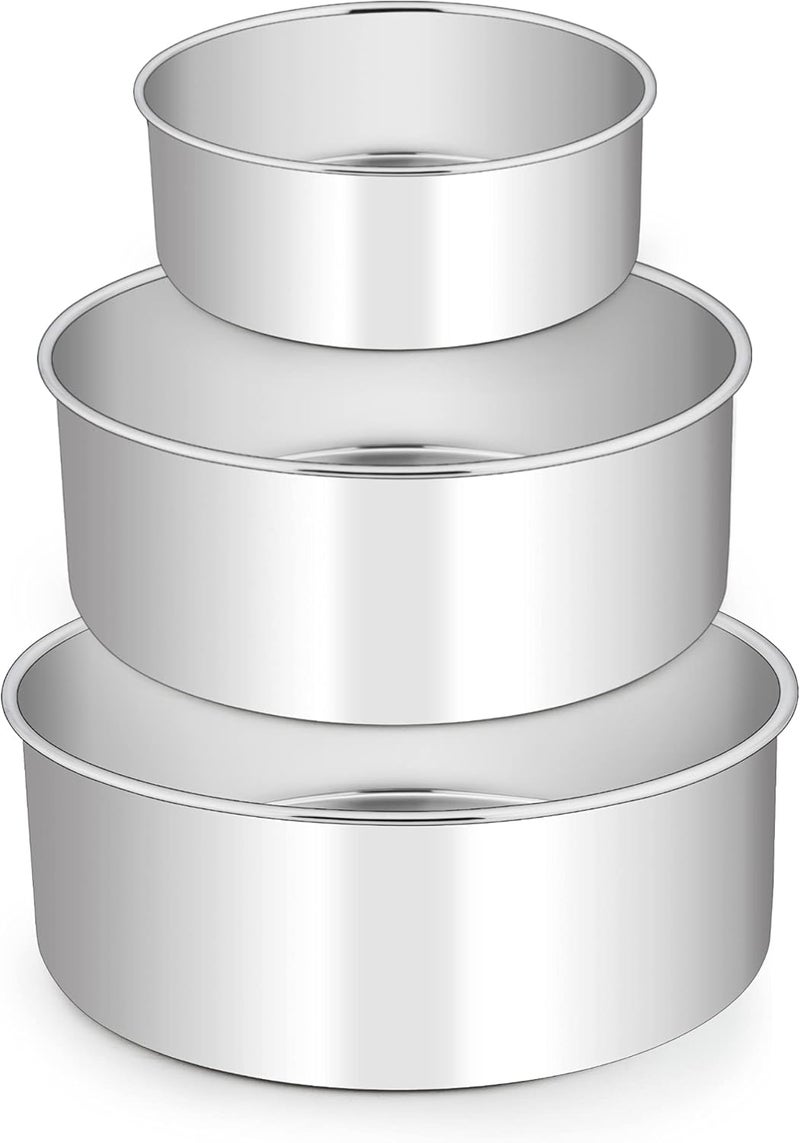 E-far Deep Cake Pan Set of 3 (6 inch/8 inch/9½ inch), Stainless Steel Round Layer Cake Baking Pans, Metal Tier Cake Tins for Wedding Birthday, Leak Proof & Straight Side, Non-toxic & Dishwasher Safe - Image 1