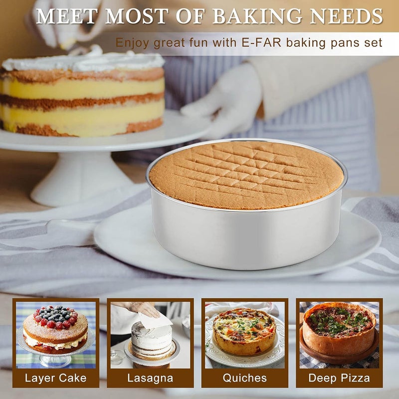 E-far Deep Cake Pan Set of 3 (6 inch/8 inch/9½ inch), Stainless Steel Round Layer Cake Baking Pans, Metal Tier Cake Tins for Wedding Birthday, Leak Proof & Straight Side, Non-toxic & Dishwasher Safe - Image 5