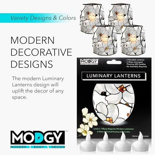 MODGY Luminary Lanterns 4-Pack - Floating LED Candles with Batteries Included - Luminaries are Great for Weddings, Parties, Patios & Celebrations of All Kinds (Louis C. Tiffany Magnolia Window) - Image 5