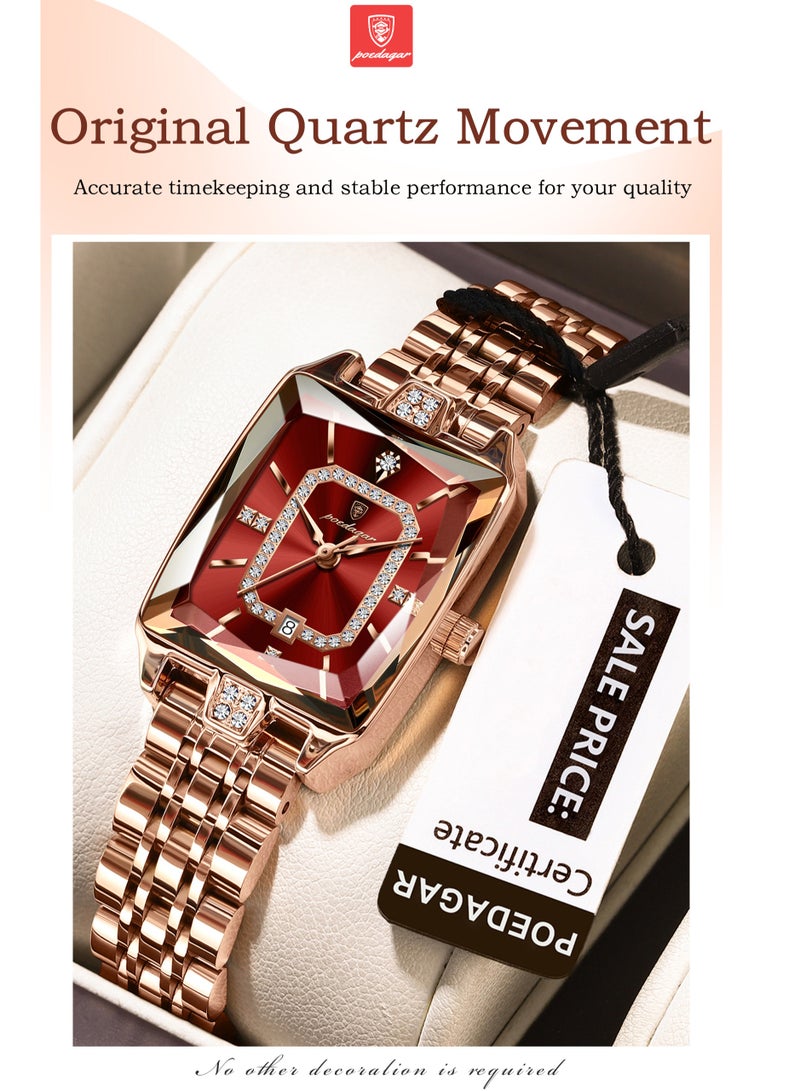 پوداجار ساعة نسائية فاخرة مربعة مرصعة بالكريستال: كوارتز أصلي، ساعة كحلية، سوار فولاذ مقاوم للماء - مظهر جذاب - Image 2