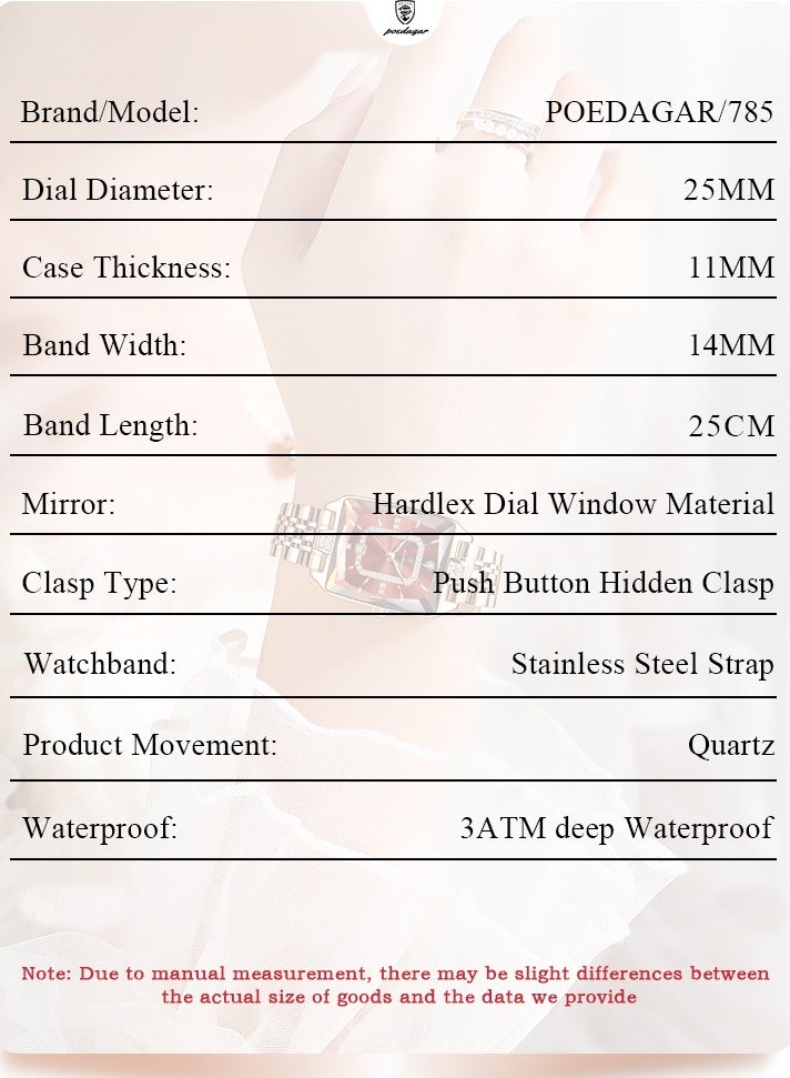 پوداجار ساعة نسائية فاخرة مربعة مرصعة بالكريستال: كوارتز أصلي، ساعة كحلية، سوار فولاذ مقاوم للماء - مظهر جذاب - Image 3
