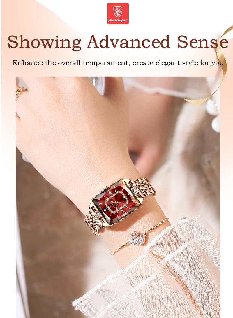 پوداجار ساعة نسائية فاخرة مربعة مرصعة بالكريستال: كوارتز أصلي، ساعة كحلية، سوار فولاذ مقاوم للماء - مظهر جذاب - Image 4