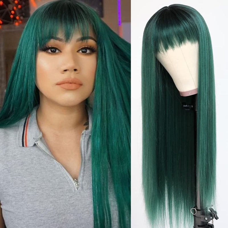 QDTizer Dark Green Hair Long Straight Synthetic Hair Wigs with Bangs Ombre Green Color Dark Roots Colorful Hair Replacement Wigs Cosplay Party Wig