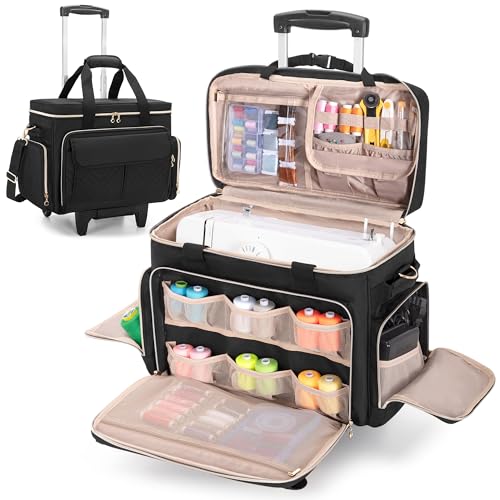 LUXJA Rolling Sewing Machine Case with Multiple Pockets, Sewing Machine Bag with Wheels and Detachable Shoulder Strap (Compatible with Most Standard Sewing Machines), Black - Image 1