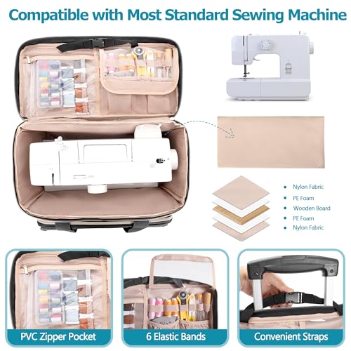 LUXJA Rolling Sewing Machine Case with Multiple Pockets, Sewing Machine Bag with Wheels and Detachable Shoulder Strap (Compatible with Most Standard Sewing Machines), Black - Image 2