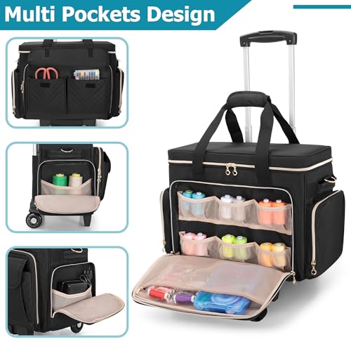 LUXJA Rolling Sewing Machine Case with Multiple Pockets, Sewing Machine Bag with Wheels and Detachable Shoulder Strap (Compatible with Most Standard Sewing Machines), Black - Image 3