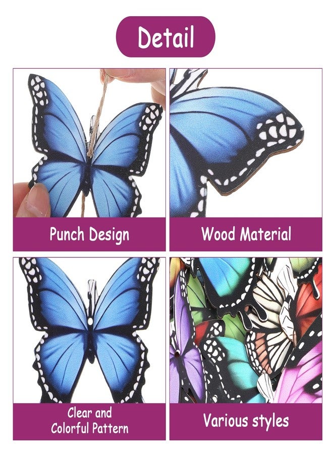 Josojoou 24PCS Wooden Hanging Butterfly Decorations with String, Colorful Wooden Butterfly Decoration, Butterflies Hanging Ornaments for Spring and Summer Trees Home Farmhouse Party Christmas Tree DIY Craft - Image 3