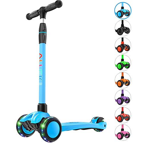 Allek Kick Scooter B03 Lean N Glide 3Wheeled Push Scooter with Extra Wide PU LightUp Wheels Any Height Adjustable Handlebar and Strong Thick Deck for Children from 312yrs Aqua Blue - Image 1