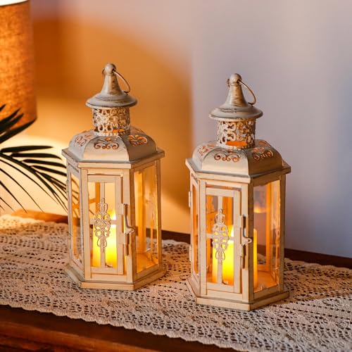 JHY DESIGN Set of 2 Rustic Decorative Lanterns 10" H Vintage Hanging Lantern Metal Candleholder for Indoor Outdoor, Events, Parities, Patio and Wedding(White with Gold Brush) - Image 2