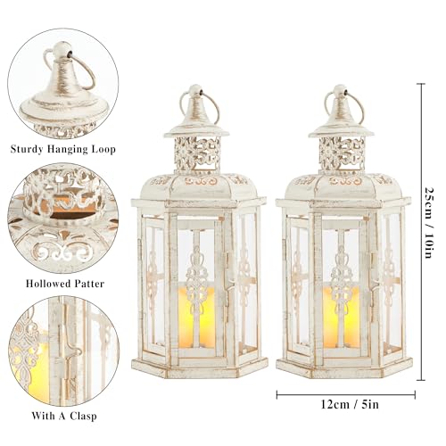 JHY DESIGN Set of 2 Rustic Decorative Lanterns 10" H Vintage Hanging Lantern Metal Candleholder for Indoor Outdoor, Events, Parities, Patio and Wedding(White with Gold Brush) - Image 3