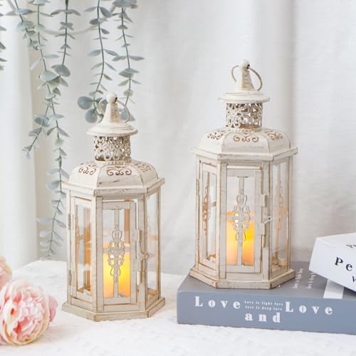 JHY DESIGN Set of 2 Rustic Decorative Lanterns 10" H Vintage Hanging Lantern Metal Candleholder for Indoor Outdoor, Events, Parities, Patio and Wedding(White with Gold Brush) - Image 5