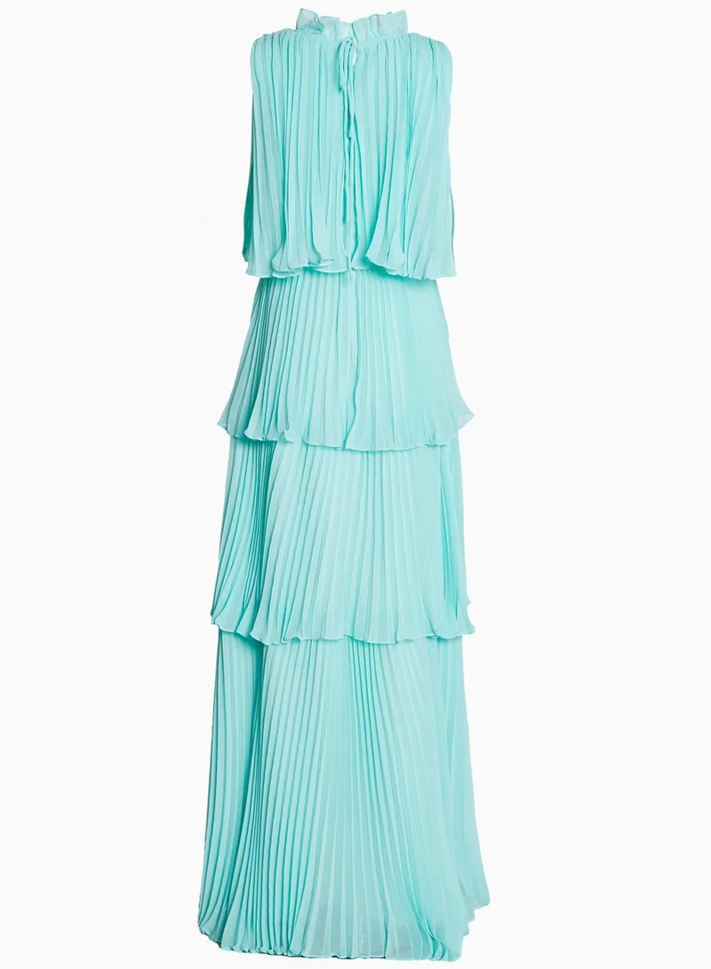 True Decadence Tara Aqua Tiered Pleated Maxi Dress with High Ruffle Neck