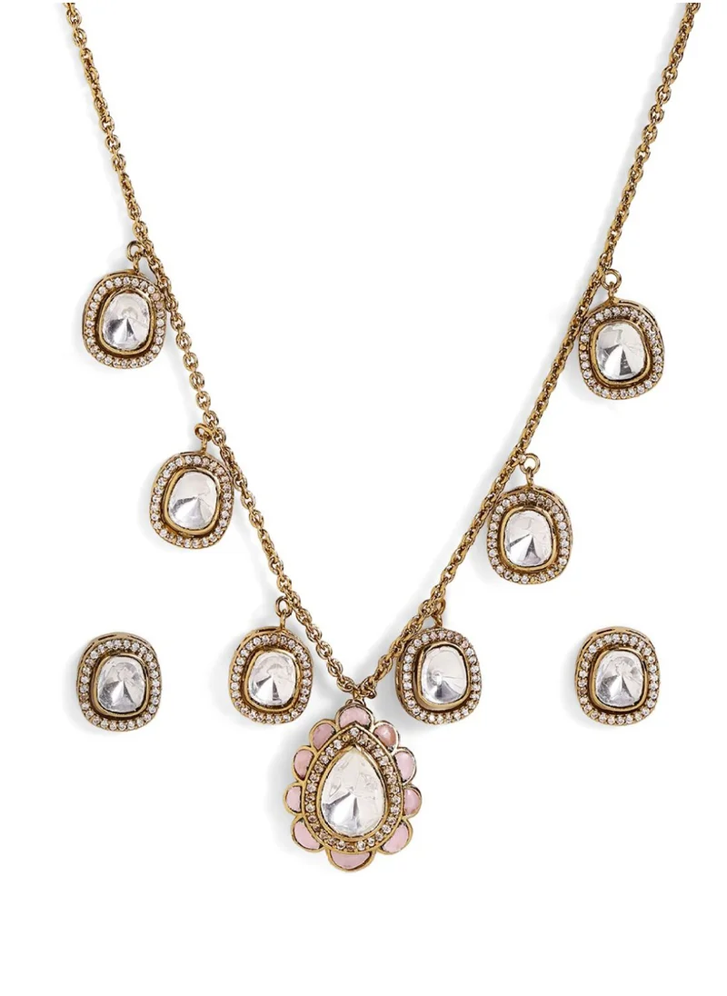 Priyaasi Plated American Diamond-Studded Geometric Elegance Polki Jewellery Set