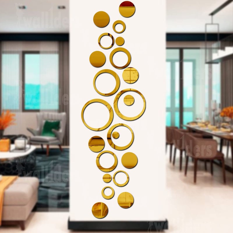Wall1ders Wall1ders 12 Rings 12 Circles Golden Mirror Stickers for Wall Acrylic Stickers Wall Mirror Stickers Wall Stickers for Bedroom Hall Home Offices
