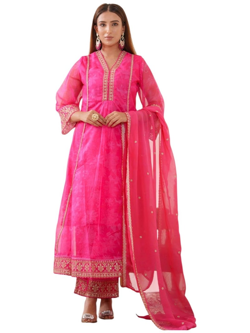 Kaari Women's Embroidered Kurti Set with Dupatta | Ethnic Suits with Embellished Dupatta | Everyday and Festive Kurti Set for Women|Rani|M - Image 1