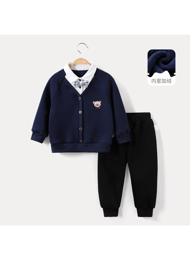 Baby Boys' Fleece Polo Collar Two-piece Set Children's Sportswear Thick - Image 2