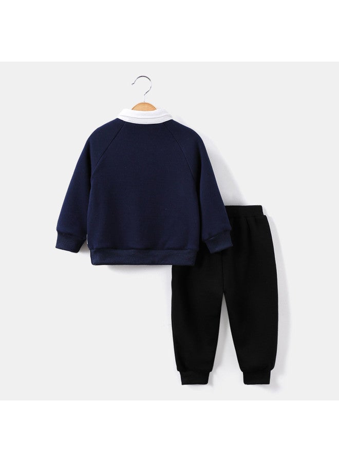 Baby Boys' Fleece Polo Collar Two-piece Set Children's Sportswear Thick - Image 3