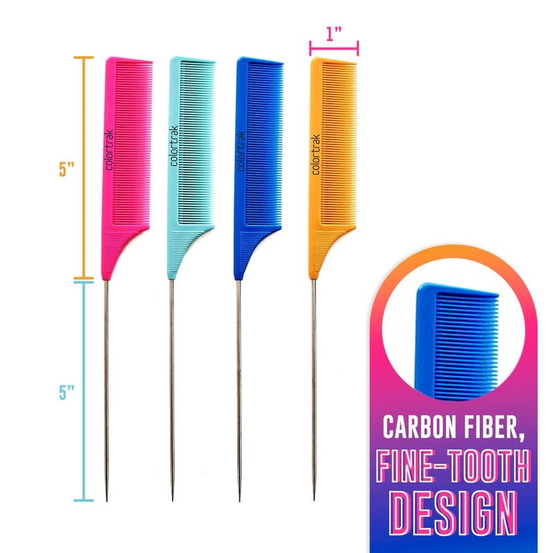 Colortrak Carbon Fiber Combs, Durable, Heat-Proof Comb, Anti-Static to Prevent Frizz, Bleach Safe Stainless Steel Pintail, 4pc Bag (Orange, Teal, Blue, Pink) - Image 3