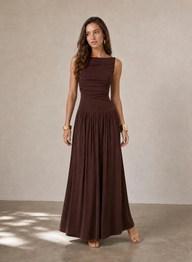 ستايلي Brown Ruched A-Line Maxi Dresss