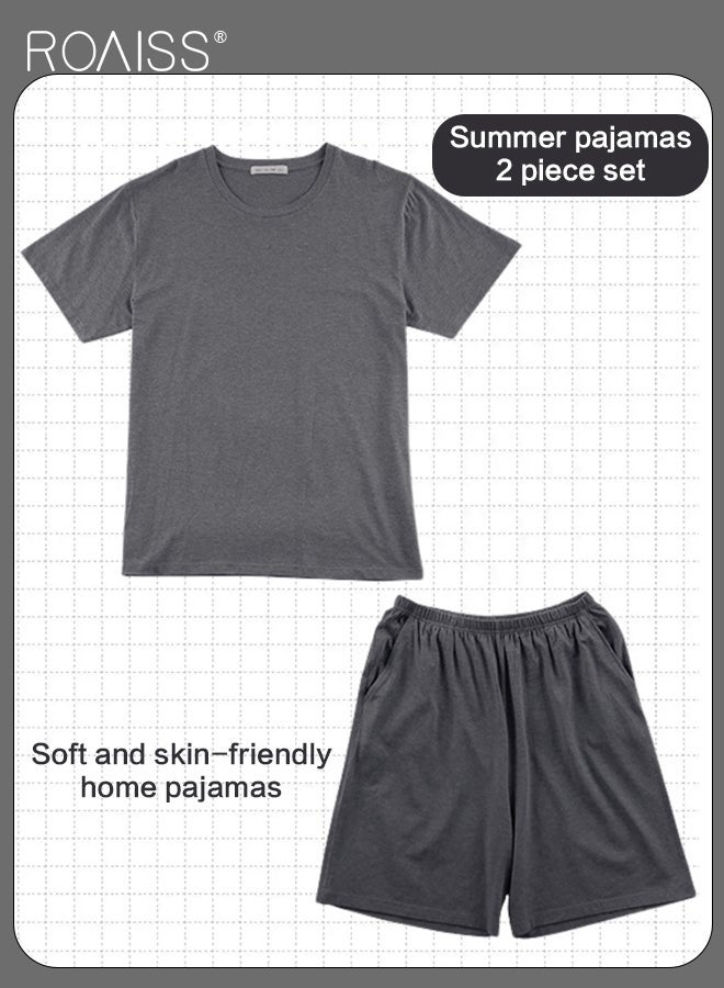 2Pcs Pure Cotton Home Pajamas Set for Men Summer Round Neck Loose Short Sleeve and Comfortable Elastic Waistband Shorts Simple Pure Color Breathable Casual Pyjama Suit - Image 4