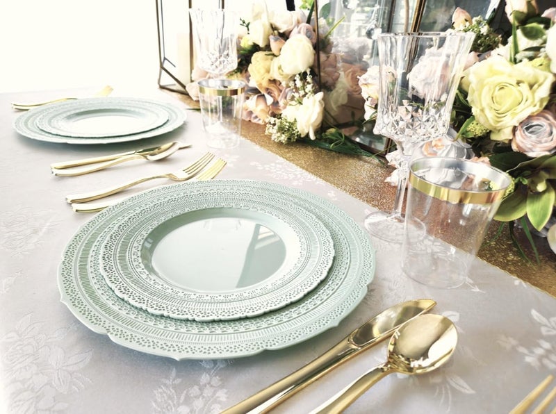 OCCASIONS FINEST PLASTIC TABLEWARE " OCCASIONS " 240 Plates Pack,(120 Guests) Extra Heavyweight Vintage Wedding Disposable/Reusable Plastic Plates 120x11'' Dinner + 120x8.25'' Salad/Dessert Plate (Chateau Mint) - Image 2