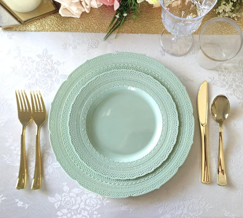 OCCASIONS FINEST PLASTIC TABLEWARE " OCCASIONS " 240 Plates Pack,(120 Guests) Extra Heavyweight Vintage Wedding Disposable/Reusable Plastic Plates 120x11'' Dinner + 120x8.25'' Salad/Dessert Plate (Chateau Mint) - Image 3