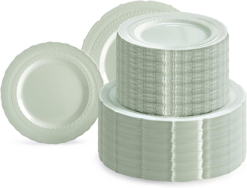 OCCASIONS FINEST PLASTIC TABLEWARE " OCCASIONS " 240 Plates Pack,(120 Guests) Extra Heavyweight Vintage Wedding Disposable/Reusable Plastic Plates 120x11'' Dinner + 120x8.25'' Salad/Dessert Plate (Chateau Mint) - Image 1