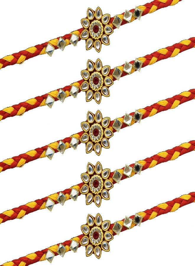 Saugat Traders Stone Rakhi for Brother Pack of 5 - Handmade Rakhi For Men - Traditional Moli Dhaga Rakhi with Roli Chawal Tilak Set (Set of 5) - Image 1