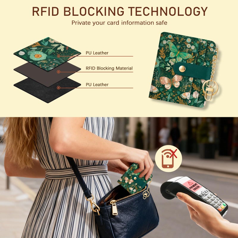 Jogjam Butterfly Green Rfid Women Wallet, Small Slim Thin Compact Credit Card Wallet, PU Leather Bifold Cash Wallet, Zipper Coin Pocket ID Window, Female Ladies Girl Gifts - Image 3
