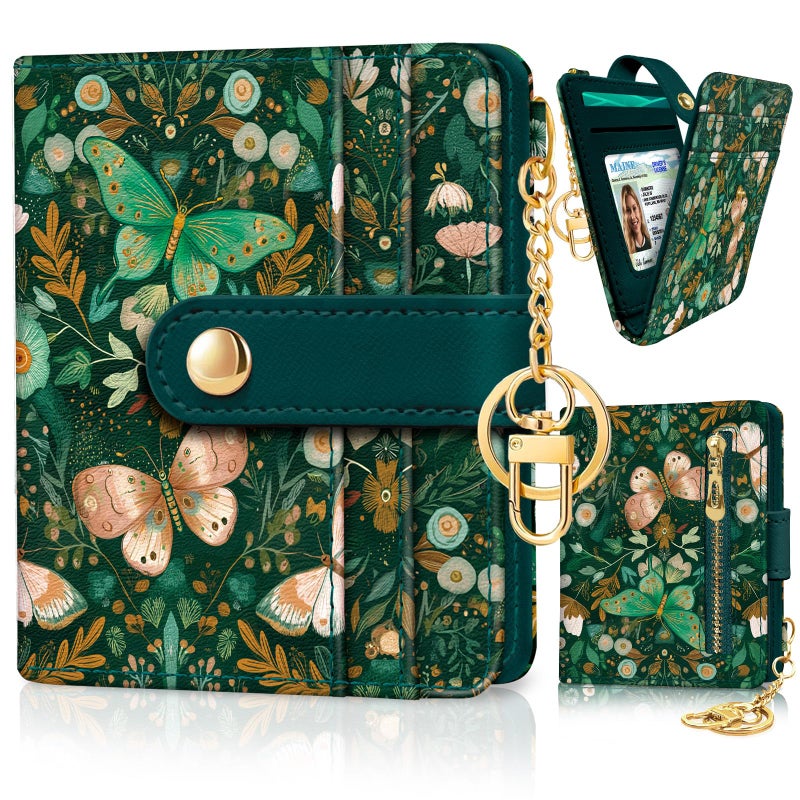 Jogjam Butterfly Green Rfid Women Wallet, Small Slim Thin Compact Credit Card Wallet, PU Leather Bifold Cash Wallet, Zipper Coin Pocket ID Window, Female Ladies Girl Gifts - Image 1